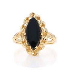 Size: 8 Sizing Fee: Up 3 sizes for $35 or Down 2 sizes for $25 Metal Content: 14k Yellow Gold Stone Information Natural Onyx Cut: Marquise Cabochon Color: Black Style: Cocktail Solitaire Features: Rope Twist Detailing Measurements Face Height (north to south): 13/16" (20.2mm) Rise Above Finger: 9/32" (6.6mm) Weight: 4.7 Grams Stamps: 14k, maker's mark Condition: Pre-Owned Onyx Colour, Rope Twist, Greensboro Nc, Modern Ring, La Face, Gold Stone, Maker's Mark, Onyx Stone, Solitaire Rings