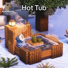 an animated image of a hot tub in the middle of some snow covered ground with trees and bushes