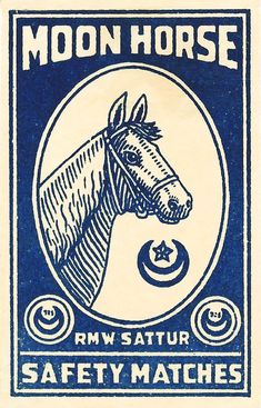 a blue and white poster with a horse on it's face in the center