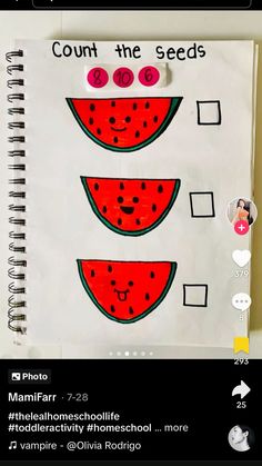 a notebook with pictures of watermelon on it and the words count the seeds