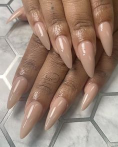 Tapered Almond Acrylic Nails, Pointed Almond Acrylic Nails, Long Almond Nails Designs Fall, Ethereal Nail Design, Beige Fall Nails, Taupe Almond Nails, Almond Vs Stiletto Nails, Nude Tan Nails, Soft Stiletto Nails