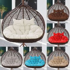 four different types of hanging chairs with pillows