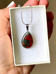 Bloodstone Necklace Heliotrope Stone Bloodstone Crystal - Etsy Sterling Silver Gemstone With Large Stone For Gifting, Sterling Silver Gemstone With Large Stone For Gift, Drop Necklace With Stones As Gift, Drop Necklace With Stones For Gift, Cabochon Drop Jewelry For Gifts, Gift Drop Necklace With Stones, Teardrop Pendant Jewelry With Large Stone As Gift, Sterling Silver Drop Gemstones Gift, Gift Jewelry With Large Stone Teardrop Pendant