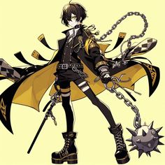 an anime character with chains and boots holding a chain around his neck, standing in front of