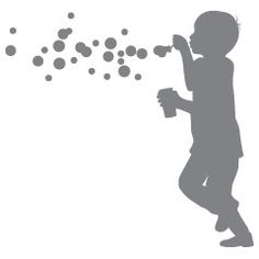 the silhouette of a child blowing bubbles on a white background with black and gray colors