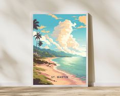 a card with the words st martin on it next to a beach and palm trees