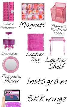 a poster with different types of furniture and accessories in pink, white and orange colors