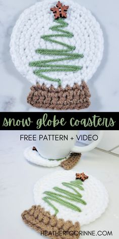 crocheted christmas tree coasters with text overlay that reads, snow globe coasters free pattern and video