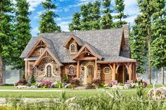 this is an artist's rendering of a house in the woods with stone and wood accents