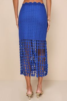 Get ready to make waves in any tropical destination when you wear the Lulus Getaway Icon Royal Blue Textured Fringe Midi Skirt! This statement-making skirt is composed of unique textured fabric and has a high waist (with a medallion-like crocheted belt-inspired detail) atop a figure-hugging fit that continues to mid-thigh. Fringe trim continues the silhouette, lending a midi effect to this stunning skirt. Hidden zipper/clasp at side. Pair with the matching top for a complete look! Fit: This garm Making Skirt, Crocheted Belt, Fringe Midi Skirt, Textured Fringe, Blue Two Piece, Make Waves, Summer Skirts, Fringe Trim, Matching Top