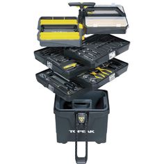 the toolbox is stacked on top of each other with tools in it's trays