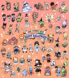 a bunch of cartoon characters on an orange background with the words, one punch man happy halloween