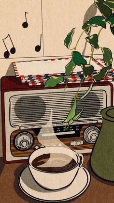 a painting of a cup of coffee next to an old radio and potted plant