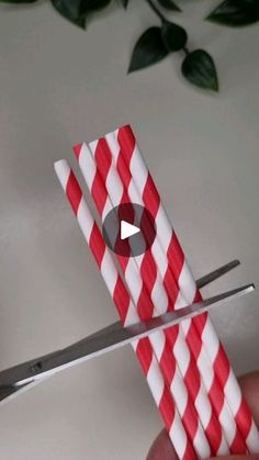 a pair of red and white striped paper straws being cut by a pair of scissors