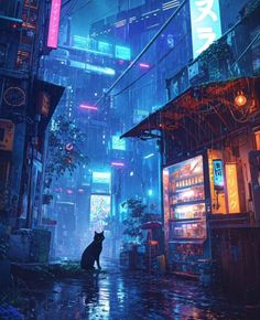 a black cat sitting on top of a wet street next to tall buildings in the rain