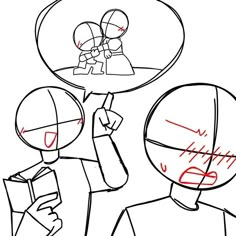 a drawing of two people talking to each other with speech bubbles above their heads and one person holding a book