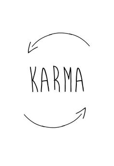 the word karma written in black ink on a white background with an arrow pointing to it