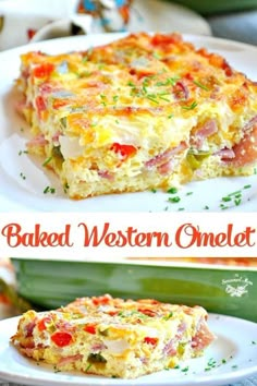 an omelet with ham and cheese on top is shown in two different pictures