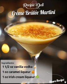 an advertisement for a drink called creme brule martini, with the recipe below