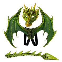 a green dragon with horns and wings on it's head