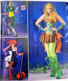 three pictures of women in costumes from the 80s and early 90's, including one with green hair