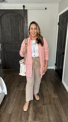 Shop our Influencers' top picks on Amazon Neutral Pants, Ugly Outfits, Smart Casual Outfit, Pants White, White Bodysuit, Pink Cardigan, Pink Earrings