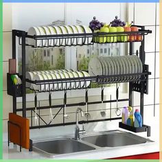 the dish rack is holding dishes in it's placemats and utensils