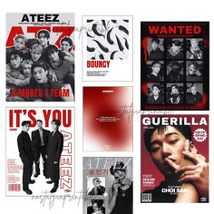 several posters are shown with the names of their respective groups and characters in red, white, and black