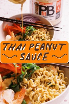 there is a bowl of noodles with shrimp and carrots in it, next to a bottle of thai peanut sauce