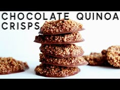 chocolate quinoa crispes stacked on top of each other with text overlay