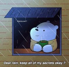 a cartoon bear is holding a cup in the rain