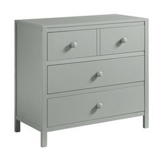 a gray dresser with three drawers and two knobs on the bottom, in front of a white background