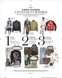 Harrods Magazine April Menswear Style Page {3 Ways to Wear a Statement Bomber} Magazine List Design, Magazine Outfit Layout, Collage Magazine Layout, Fashion Magazine Layouts, Magazine Page Design, Magazine Page Layouts, Fashion Trends Magazine, Collage Magazine, Menswear Editorial