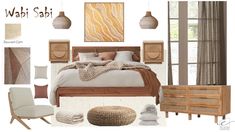 a bedroom is shown with neutral colors and accessories