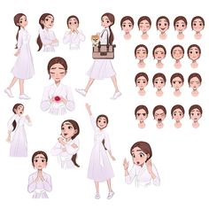 a woman in white dress poses with various facial expressions and gestures, including the hand gesture