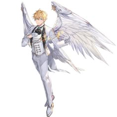 an anime character dressed in white with angel wings on his chest and arms outstretched, while holding