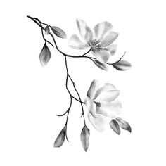 a black and white drawing of flowers on a branch