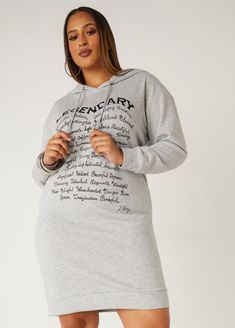 Look like a living legend in this casually chic hoodie dress from our fabulous collaboration with designer Sheila Gray! A Legendary graphic spills powerful words of affirmations along the front of the relaxed fit style as a bold reminder of who you are! Graphic T Shirt Dress, Black Dress Work, Athleisure Chic, Red Holiday Dress, Casually Chic, Dresses Date Night, Graphic Dress, Midi Dress Casual, Ashley Stewart