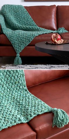 Green crochet blanket with tassels draped over a brown leather couch. A sliced pomegranate is on the round table nearby. Weave Stitch Crochet, Green Crochet Blanket, Basketweave Crochet, Blanket With Tassels, Brown Leather Couch, Basketweave Stitch, Green Crochet, Crochet Patterns Free Blanket, Stitch Crochet