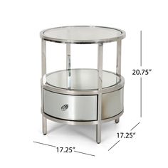 the side table has two drawers on each side and is shown with measurements for it