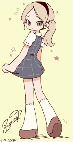 a drawing of a girl with long hair wearing a blue dress and white socks, standing in