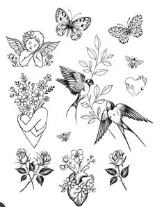 some flowers and butterflies are drawn in black ink on a white paper with the words love written