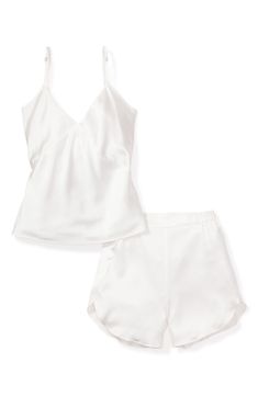 Drift off to dreamland in the luxury of whisper-light silk pajamas—this perfectly giftable set pairs a camisole with elastic-waist shorts. Camisole has V-neck; adjustable straps Shorts have elastic waist 100% silk Hand wash, dry flat Imported White Satin Pajama Set, White Satin Pajamas, Sleepy Outfits, Traveling Wardrobe, White Pjs, Elegant Pajamas, Money Couple, Silk Pjs, Short Pajamas