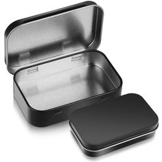 an open tin box with a lid on the top and bottom, sitting in front of a white background