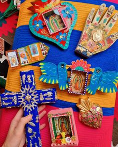 Have you discovered our incredible collection of religious art? ⭐🕯️ From divine hand carved milagros to glittery hand-painted alters and shrines bedazzled to perfection! Handmade in Mexico! A perfect display piece or addition to your existing collection 💙 Holy Mary Mother Of God, Wall Shrine, Mexican Folk Art Decor, Mexican Folk Art Painting, The Apparition, Mary Mother Of God, Star Of The Sea