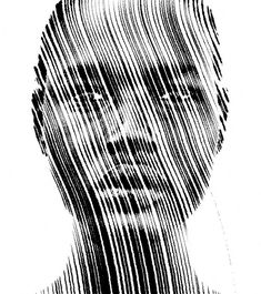 a black and white photo of a woman's face with lines on it,