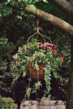 a hanging planter filled with pink flowers and greenery