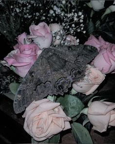 a butterfly sitting on top of pink roses