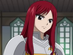 an anime character with red hair and armor