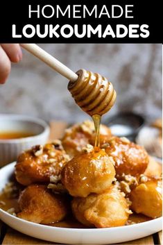 a white plate topped with bread and honey